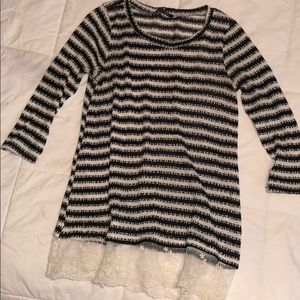 Quarter sleeved striped shirt with lace on bottom